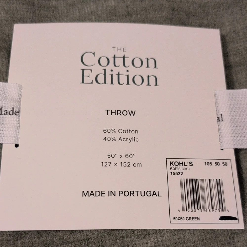 Kohl's Green And White Plaid Cotton Acrylic Throw Blanket NWT